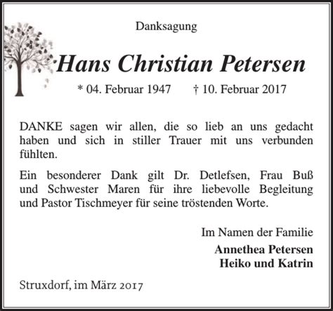 Traueranzeigen Von Hans Christian Petersen Sh Z Trauer