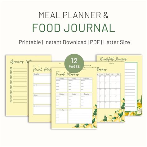 Meal Planner Printable Daily Food Journal Weekly Food Journal Monthly Food Planner Food