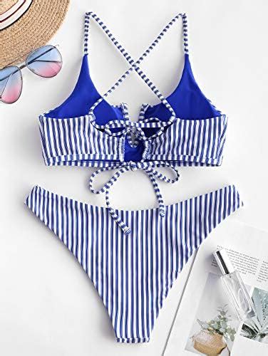 Amazon ZAFUL Women S V Wired Striped Reversible Two Piece Bikini