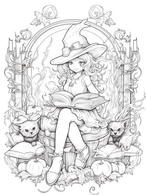 Witches Coloring Page For Adults And Teens Grayscale Coloring Book