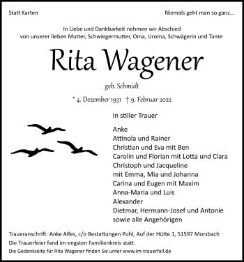 Traueranzeigen Von Rita Wagener WirTrauern