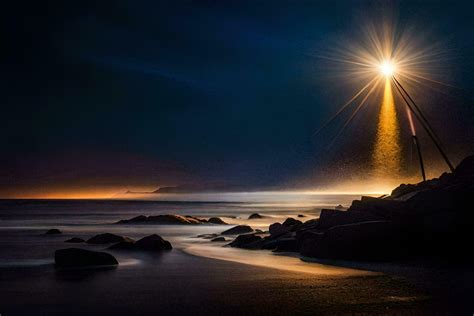 a lighthouse on the beach at night. AI-Generated 33365064 Stock Photo ...