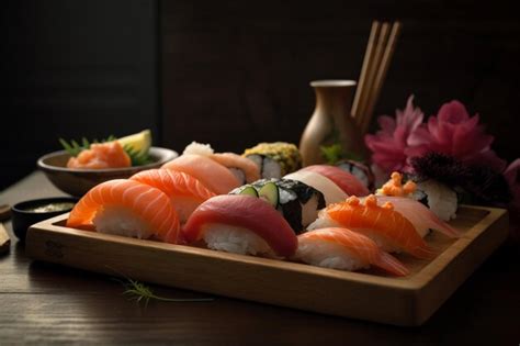 Premium Ai Image A Plate Of Sushi With A Wooden Tray With A Flower In