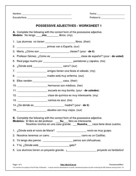 Adjetivos Posesivos Worksheet Answers