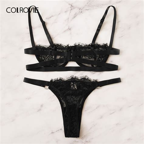 Colrovie Black Floral Lace Lingerie Set Women Intimates Summer Bra And