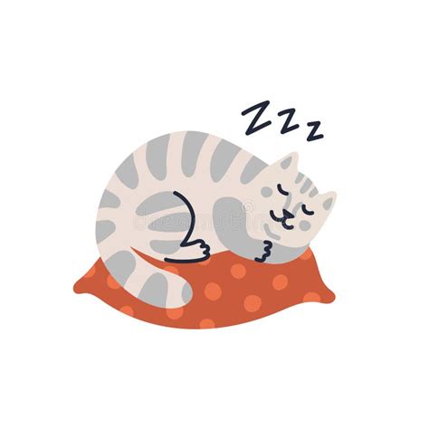 Vector Cat Illustration Cute Tabby Kitten Sleeping On The Pillow