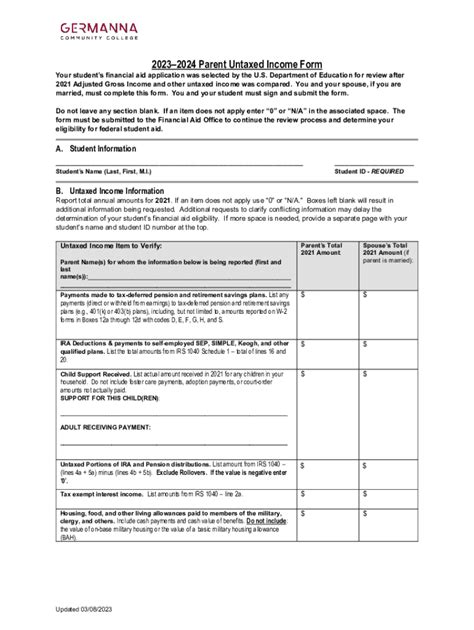 Fillable Online Parent Untaxed Income Form For Tax Years 2021 Fax Email