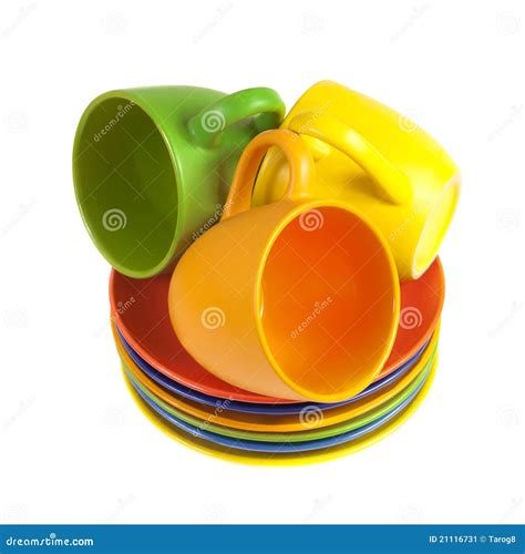 Set of Colorful Cups and Saucers Stock Image - Image of stack, style ...