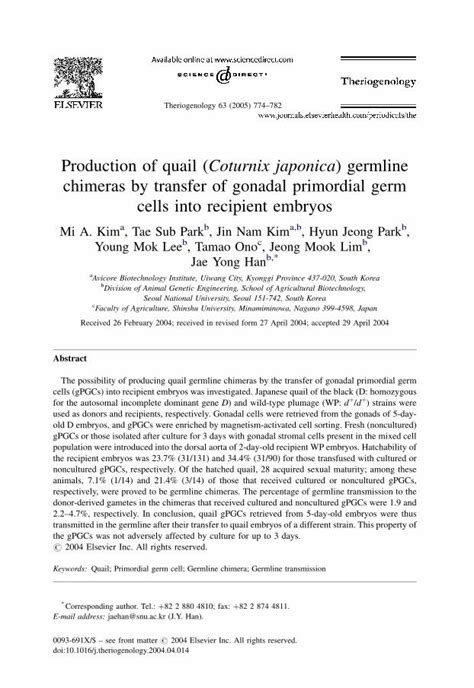 Pdf Production Of Quail Coturnix Japonica Germline Chimeras By Transfer Of Gonadal