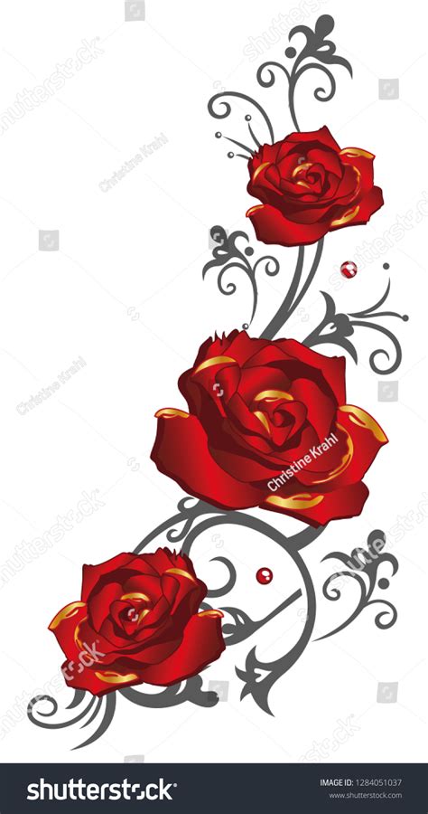 Filigree Gray Tendril Red Golden Roses Stock Vector Royalty Free