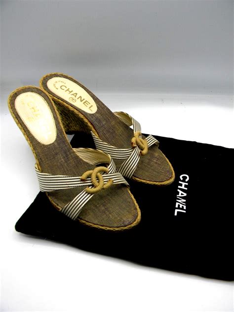 Chanel Strip Cris Cross Espadrille Wedge Slide Sandal Gem