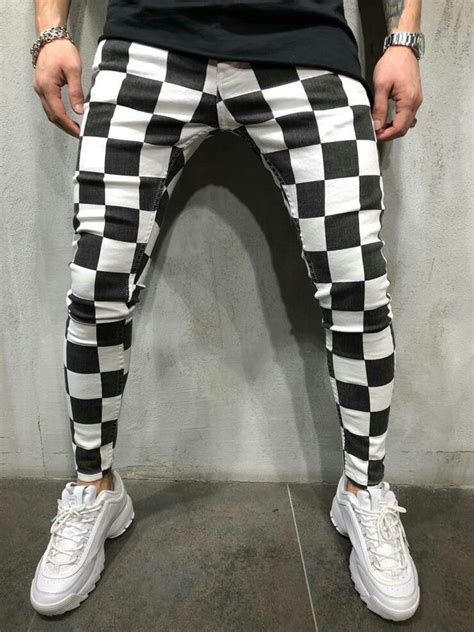 Black White Checkered Jeans Mens Street Style White Pants Casual