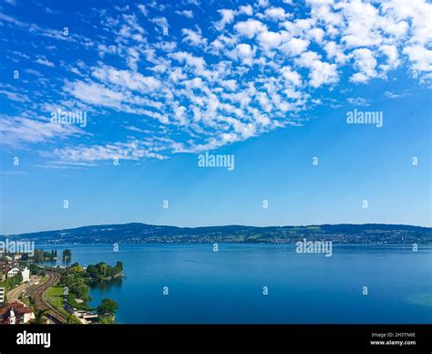 Idyllic Swiss landscape, view of lake Zurich in Wollerau, canton of ...