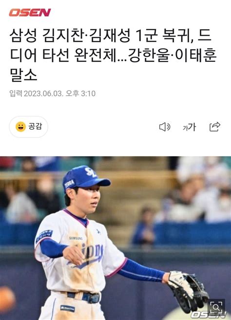 삼성 김지찬·김재성 1군 복귀 드디어 타선 완전체강한울·이태훈 말소 야구 에펨코리아