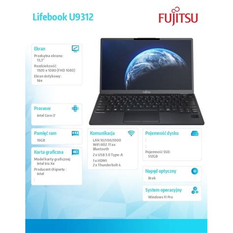 Fujitsu Notebook Lifebook U9312 Czarny 13 3 I7 1265U 16GB 512 SSD W11P