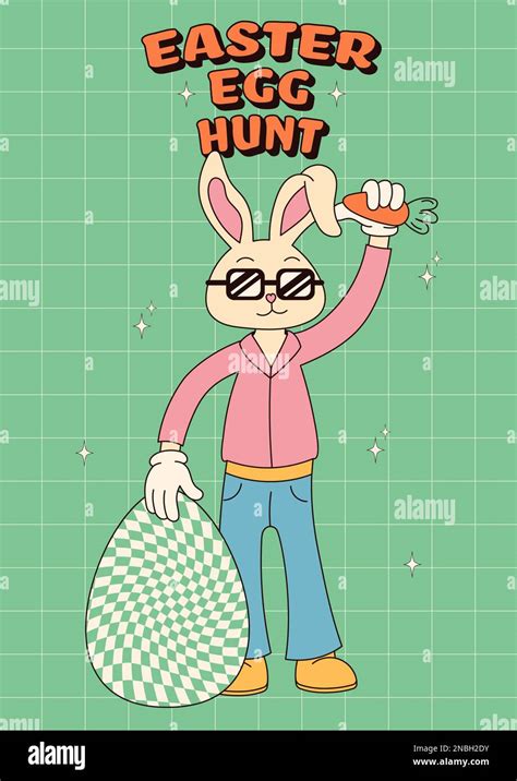 Groovy Hippie Happy Easter Posters Easter Bunny Vector Card In Trendy Retro 60s 70s Cartoon