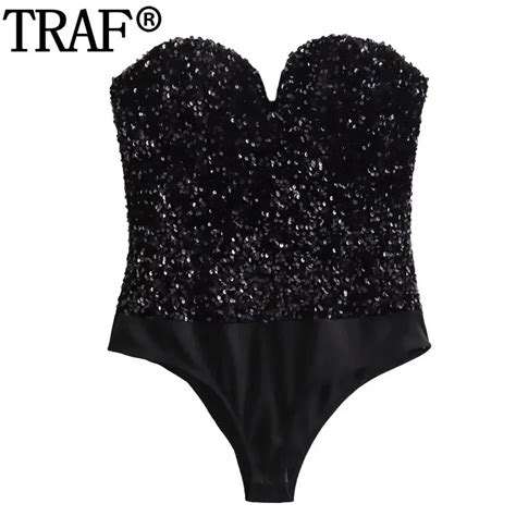 Traf Off Bodysuit Ombro Para Mulheres Corpo Sexy Sem Encosto Brilho