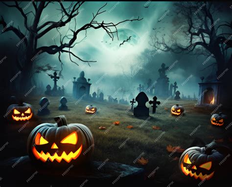 Premium AI Image | A halloween scene with pumpkins and a graveyard with ...