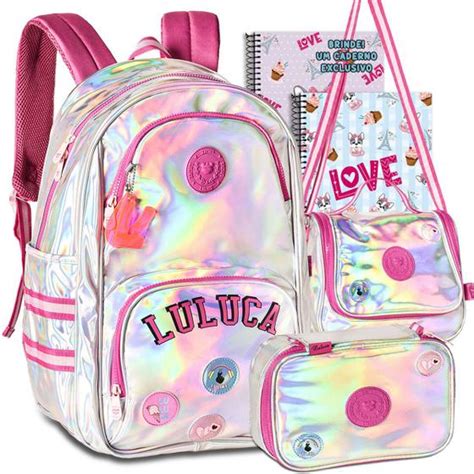 Mochila Infantil Luluca - Kit Mochila Luluca Escolar Infantil Feminina Holográfica de Costas ...
