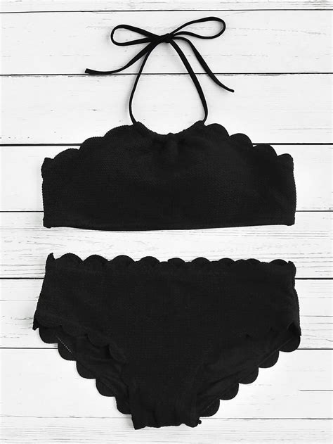 Scalloped Trim Halter Bikini Set Shein Sheinside