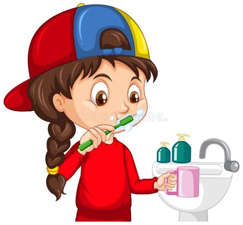 A Girl Cartoon Character Brushing Teeth With Water Sink Stock Vector