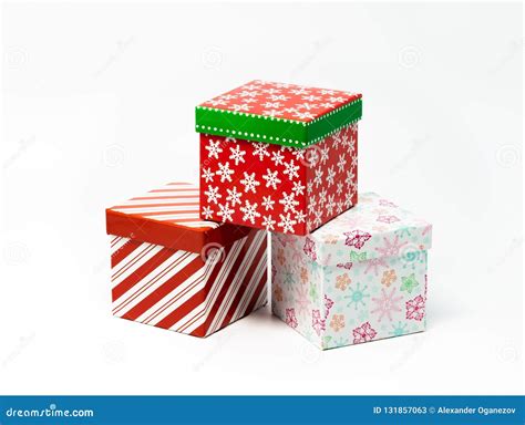 Three Christmas Decorated Boxes Stacked On Each Other Stock Image