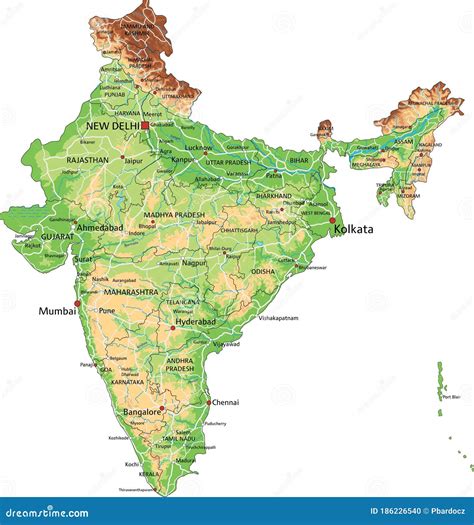 Mapa Físico Detallado De India Con Etiquetado Ilustración del Vector