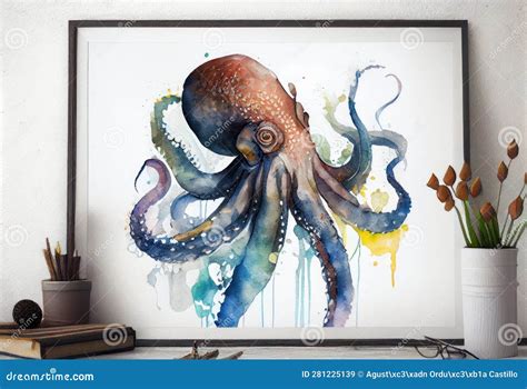 Picture of a Watercolor Drawing of a Giant Octopus. Stock Illustration ...