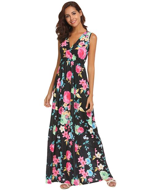 Sherosa Womens Summer Floral Printed V Neck Sleeveless Maxi Casual