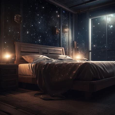 Un Dormitorio Con Una Cama Y Un Cielo Nocturno Con Estrellas Foto