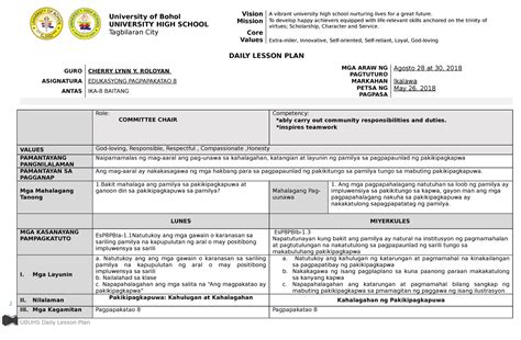 Week 1 A Lesson Plan For Edukasyon Sa Pagpapakatao 2 Daily Lesson