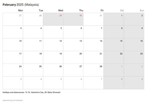 February 2025 Calendar Malaysia