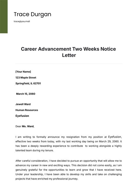 Free Career Advancement Two Weeks Notice Letter Template to Edit Online