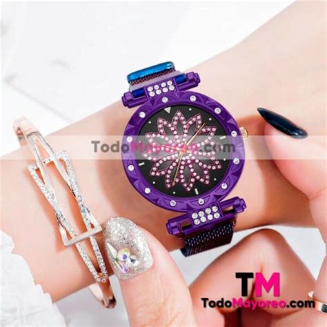 Reloj Extensible Mesh Iman Flor De Loto Diamantes Morado R3978