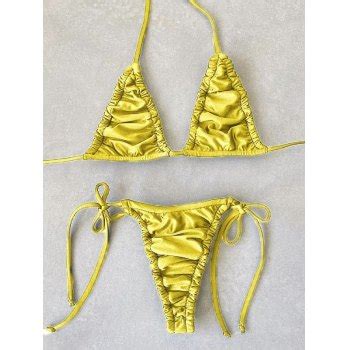 Emmiol Free Shipping 2026 Lace Up Ruched Bikini Set Yellow L In Bikini