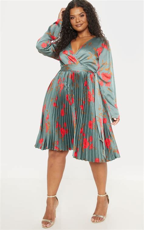 Plus Emerald Green Floral Long Sleeve Midi Dress Plus Size