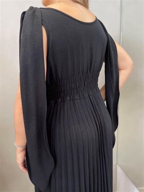 Vestido Longo Decote V Lastex Amarra Es Plissado Preto Lavinny Store