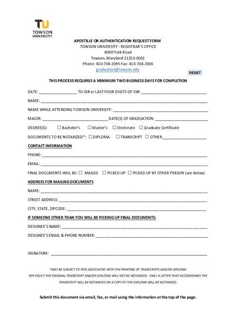 Fillable Online Apostille Or Authentication Request Form Towson