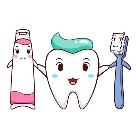 Ilustración De Dibujos Animados De Diente Cepillo De Dientes Y Pasta De Dientes Vector Premium