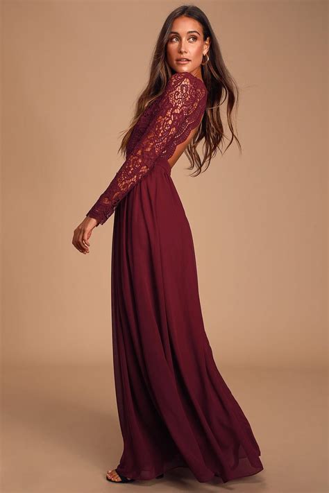 Awaken My Love Burgundy Long Sleeve Lace Maxi Dress Long Sleeve