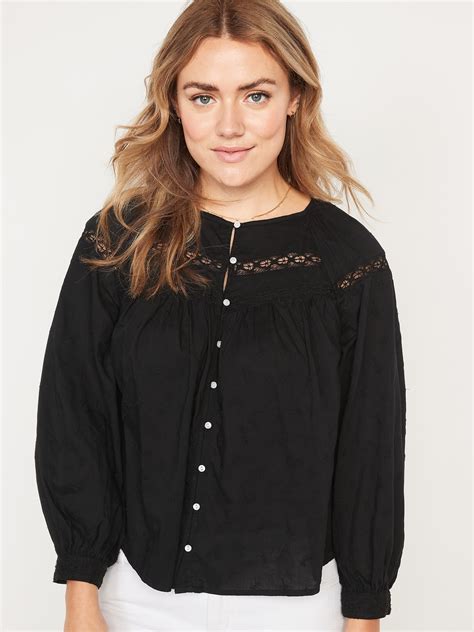 Long Sleeve Embroidered Lace Trimmed Blouse Old Navy