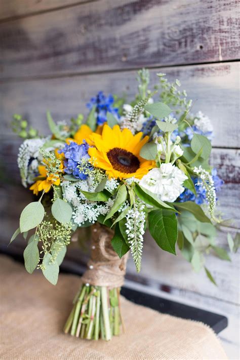 Sunflowers Blue Hydrangea Seeded Eucalyptus Burlap Pearl Pins Rustic Bouquet Wedding