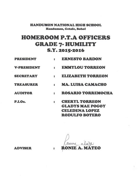 Deped Handumon Nhs Homeroom Pta Officers 7 Humility Sy 2015 2016