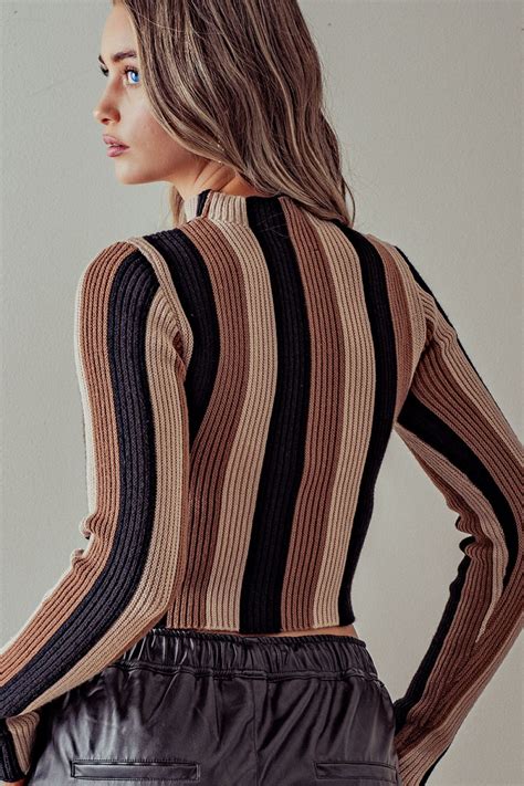 Mock Neck Rib Knit Stripe Crop Top