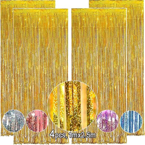 4 Pieces 1x2 5m Gold Metallic Fringe Curtain Shiny Foil Fringe