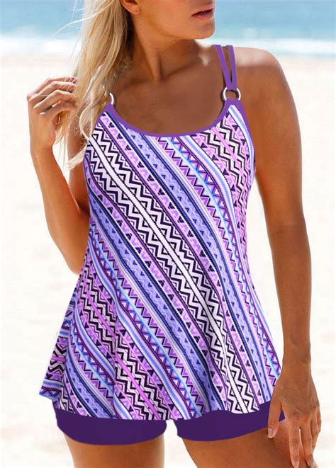 Rotita Metal Ring Purple Geometric Print Tankini Top Usd