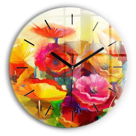 Decortapis Horloge Murale En Verre Horloge Ronde 30cm Coquelicots