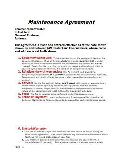 Free Maintenance Agreement Templates In Pdf Ms Word