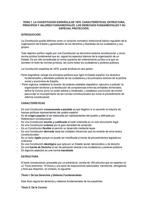 Tema 1 La Constitución Española De 1978 Características Estructura Principios Y Valores