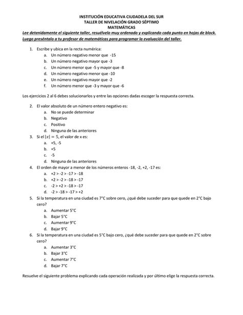 Taller De Nivelaci N Matem Ticas Grado S Ptimo